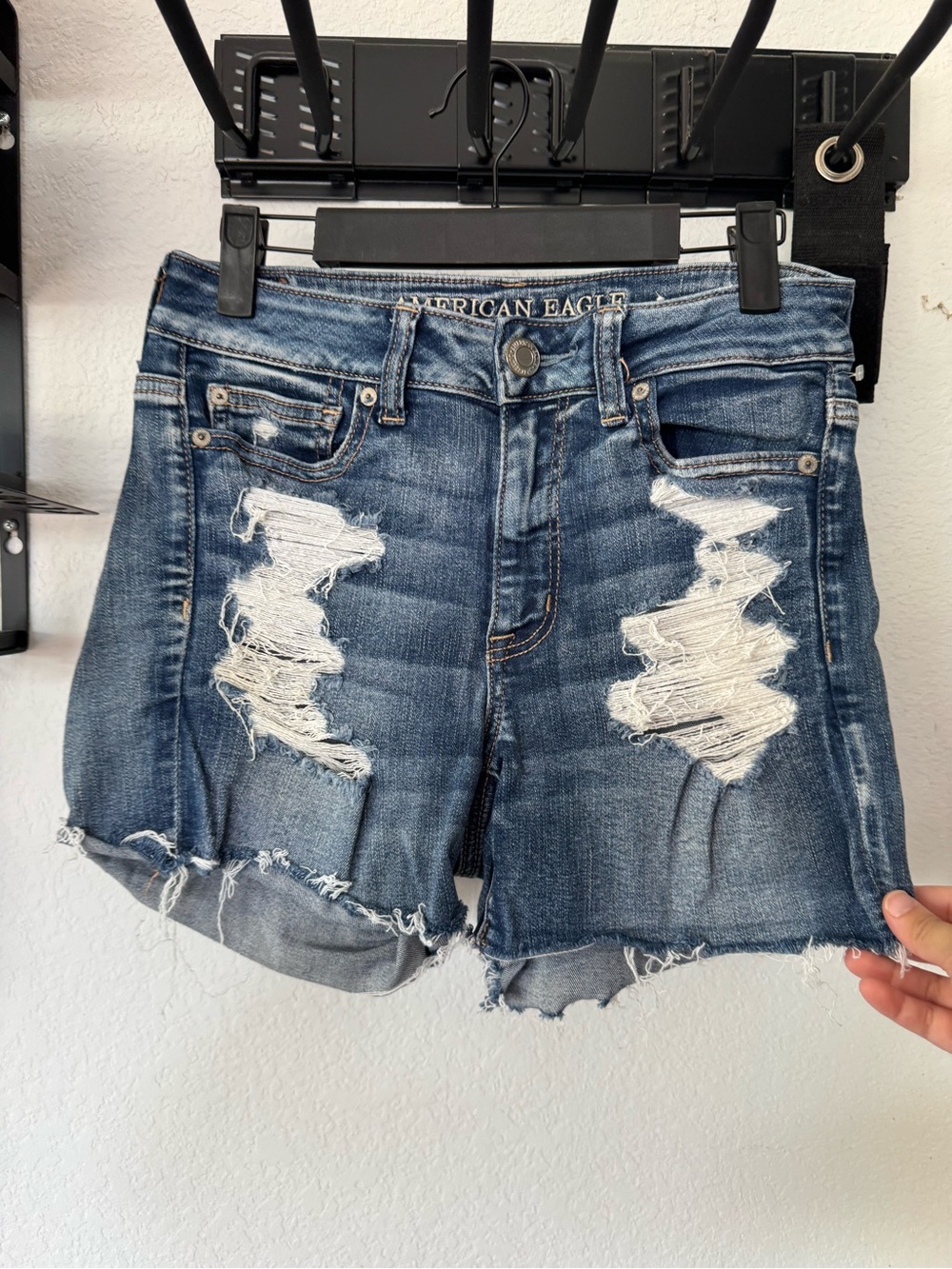 American Eagle Outfitters Blue Ripped High-Rise Denim Shorts